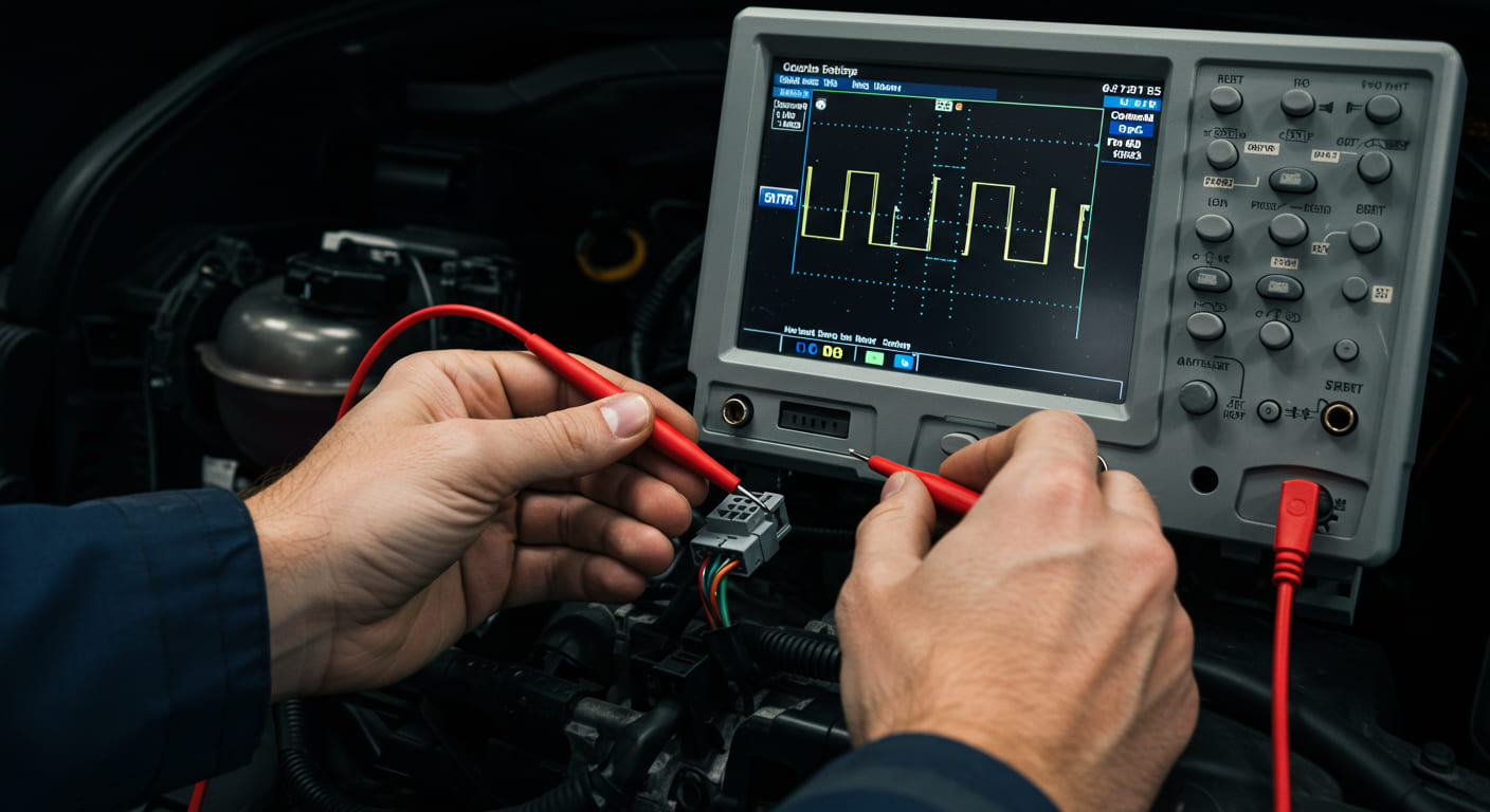 Técnico inspeccionando módulo electrónico de coche