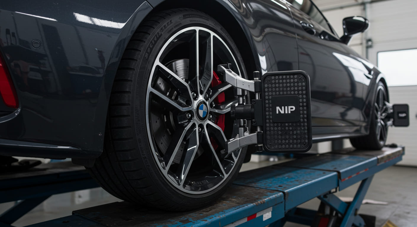 Máquina de alineación láser trabajando en coche deportivo